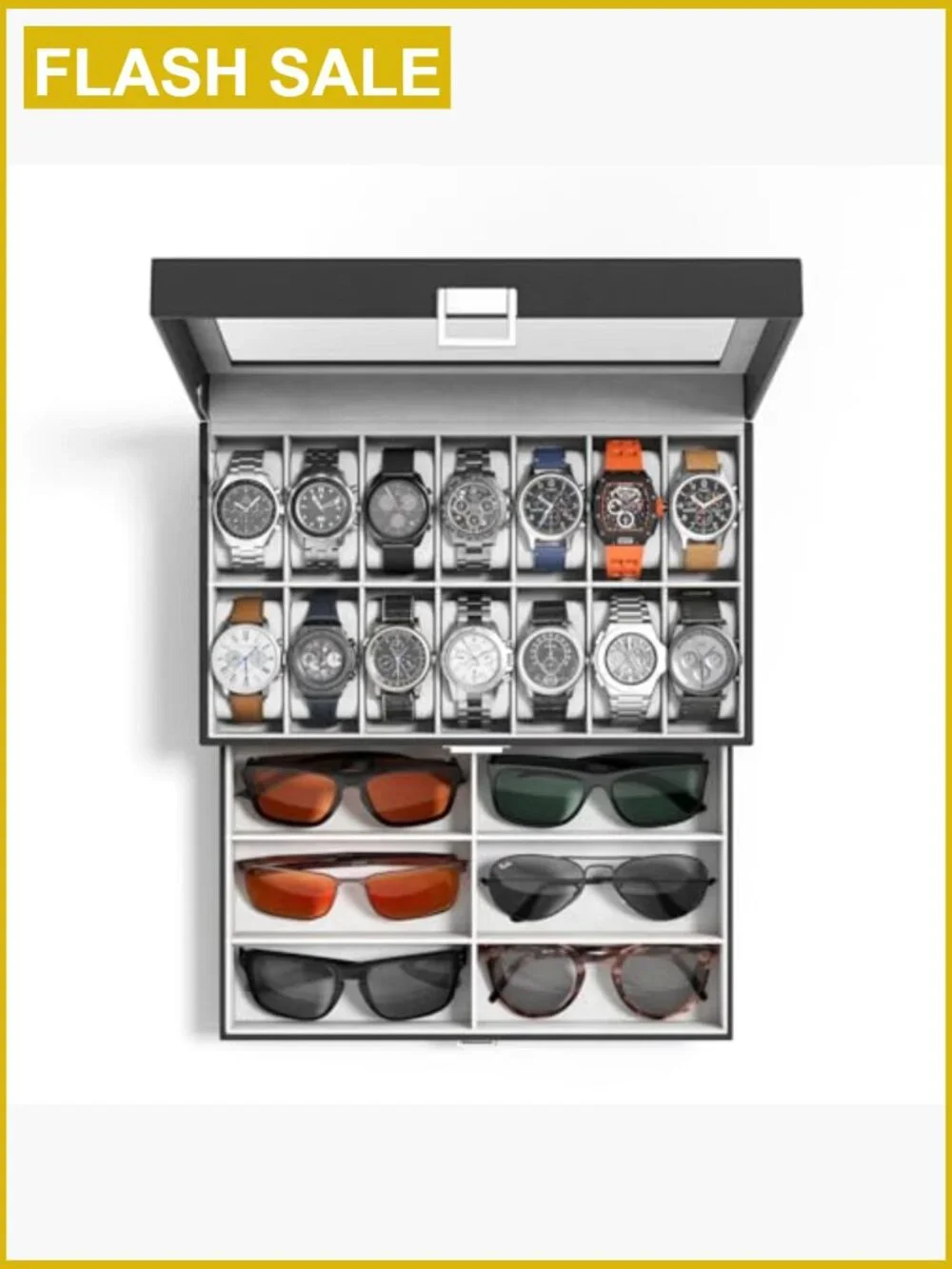 14-Slot Watch Display Case with Glass Lid, Double Layer PU Leather Storage,
